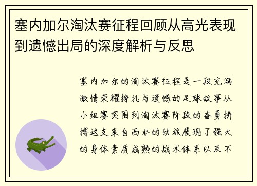 塞内加尔淘汰赛征程回顾从高光表现到遗憾出局的深度解析与反思